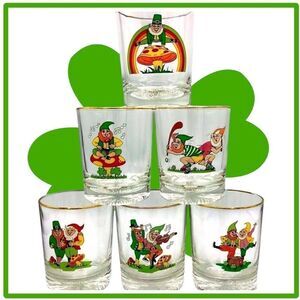Irish Leprechaun Sayings  Applied Color Graphic Gold Rim Whiskey Glass Set